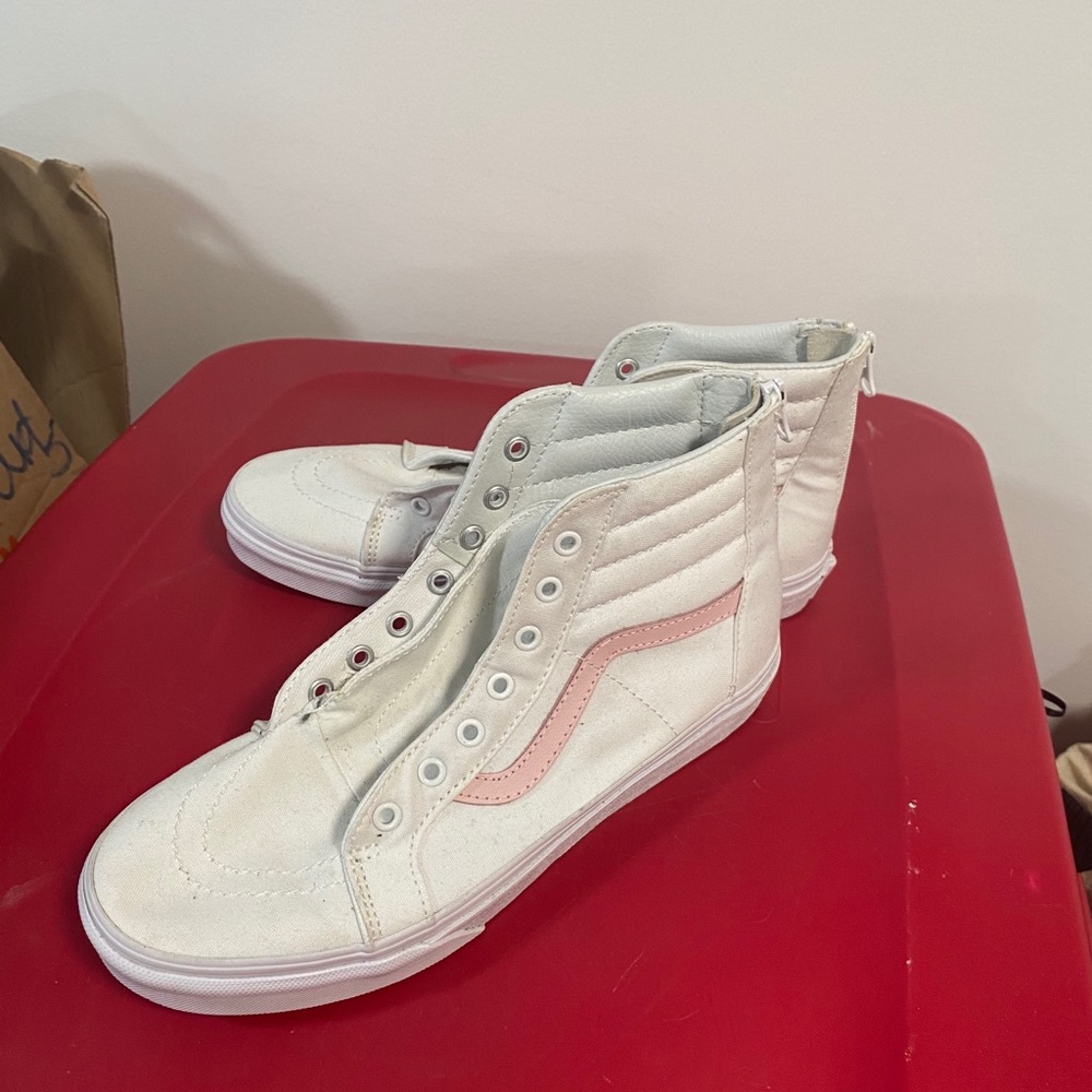 Pink and white canvas Vans